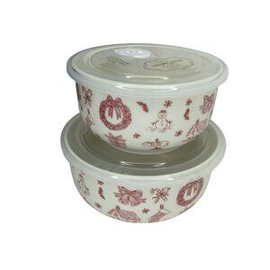 Grace Teaware Ceramic Bowl Set w/ Lids Holiday Themed Design Red Toile